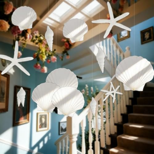 24 Pcs Coastal Beach Themed Hanging Decorations - Starfish & Seashell Cutouts