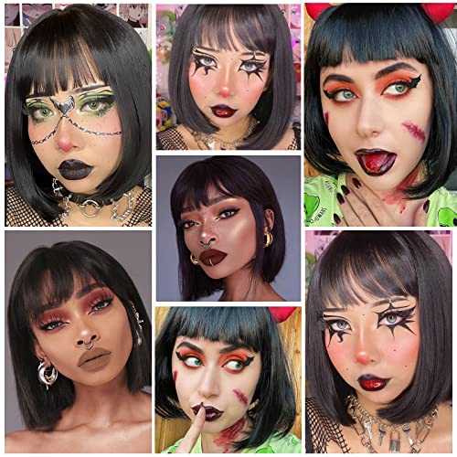 Black Short Bob Wig with Bangs - Synthetic 12 Inch Straight Cosplay & Daily Wear