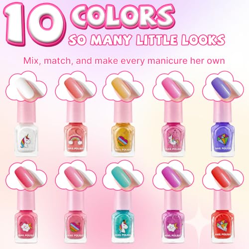 Kids Unicorn Nail Polish Kit - Water-Based Peel-Off Colors, Stickers & Press-On Nails
