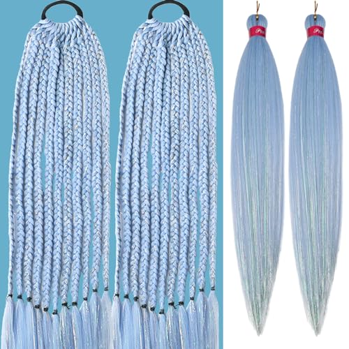 Pre-Stretched Braiding Hair Extensions 26 Inch Baby Blue Tinsel 2 Pack