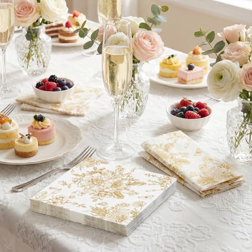 Gold Floral Cocktail Napkins - 100 Pack Vintage Chinoiserie Design