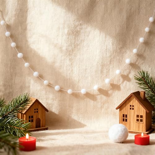 White Wool Felt Pom Pom Garland - 41.34 Inch Holiday Decor