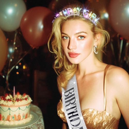 Silver Light Up Birthday Girl Headband with Rhinestones & Sash Set for Women