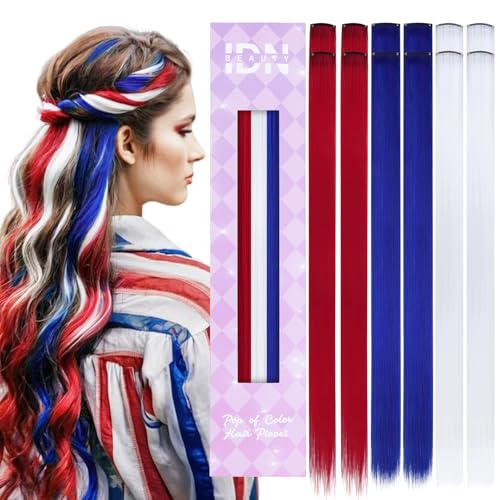 IDN BEAUTY 12Pcs Patriotic Clip-In Colored Hair Extensions, 24-Inch