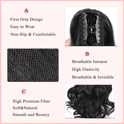 HEVAYO KISS Black 20 Inch Curly Wavy Ponytail Extension for Long Hair 1B