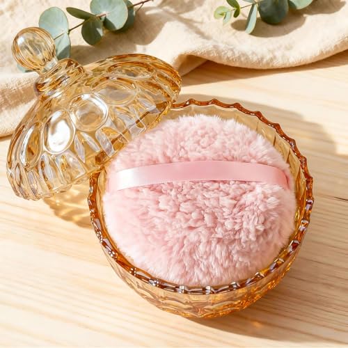 KANPURA 6-Inch Oversize Body Powder Puff with Elegant Amber Glass Container