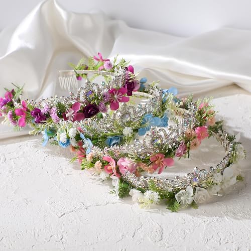 Blue Flower Crown Headband - Artificial Fairy Floral Hair Accessory for Weddings & Parties