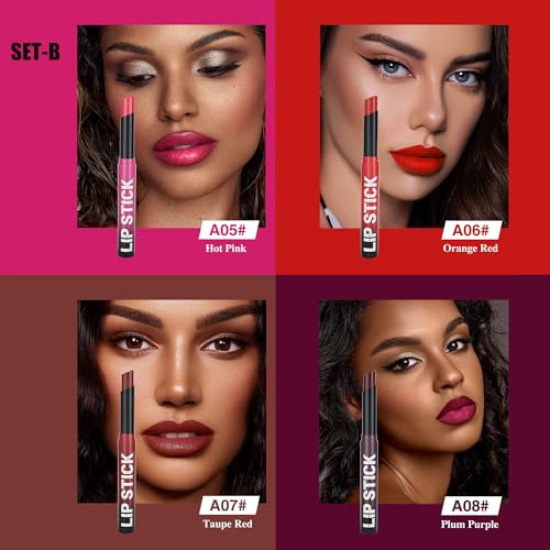 Anwuozu 4Pcs Pink & Red Lipstick Set - Matte, Hydrating, Velvety Finish, Easy Application, Model A02