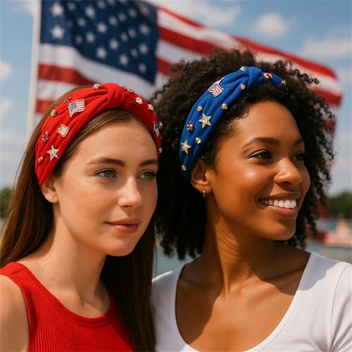 4th of July Headbands for Women - 2 Pcs Red & Blue Rhinestone USA Flag Hair Hoops