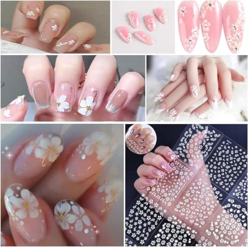 White Flower Nail Art Stickers - 30 Sheets Self-Adhesive 3D Flower Decals for Nails & Crafts