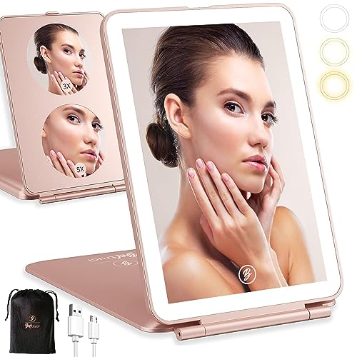 Beltruci Rose Gold Rechargeable Folding Vanity Mirror with 72 LED Lights & 3 Color Modes