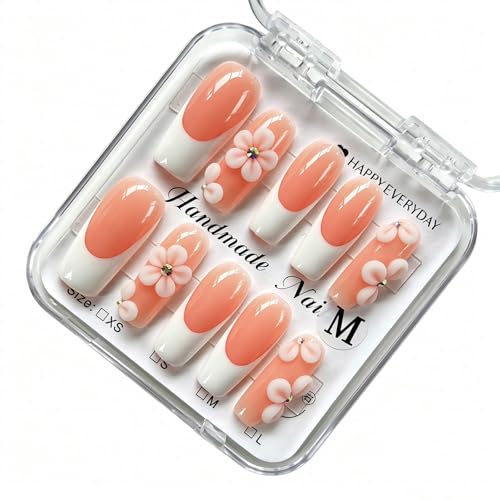 Luvqara SY303 Long Square Pink Nude French Tip Press-On Nails - Handmade 3D Flower Design, Reusable, 10 Pcs