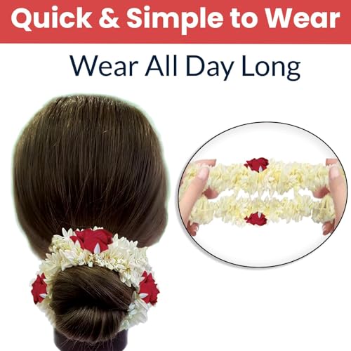 Sniptrend Mogra Scented Hair Rubber Band Gajra with Jasmine Flower Design - 1 Pack of 1, White & Red Petals, Traditional Hair Accessory for Women & Girls