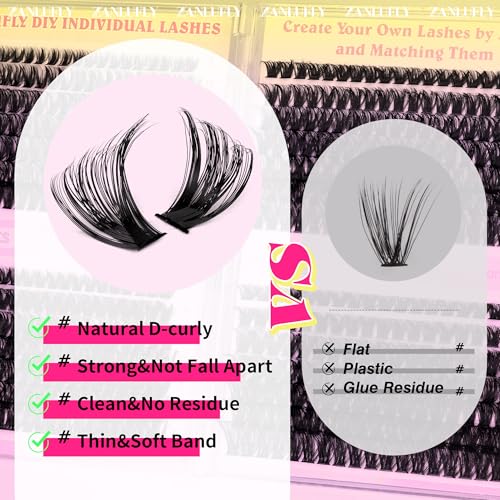 Zanlufly 560 Pcs Lash Clusters D-Curly Volume Eyelash Extensions DIY Natural & Thick