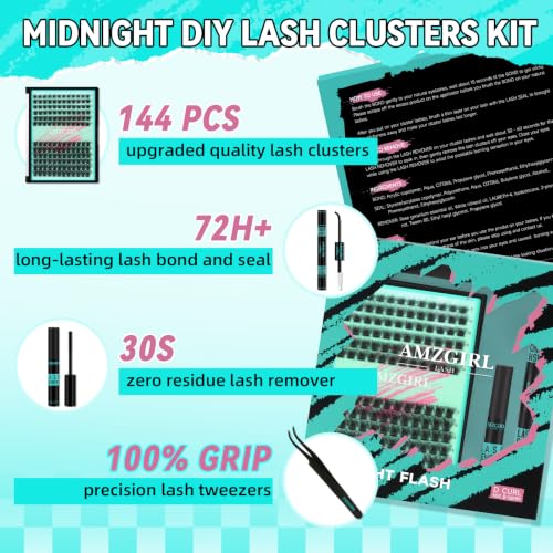 AMZGIRL DIY Lash Clusters Kit - Midnight - 144pcs D Curl 8-16mm