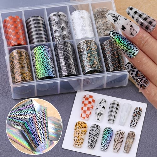 10 Rolls Nail Art Foil Stickers - Butterfly, Leopard & Lace Designs