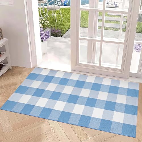 BUAGETUP 24x51 Light Blue Buffalo Plaid Outdoor Rug - Washable Doormat for Entryway