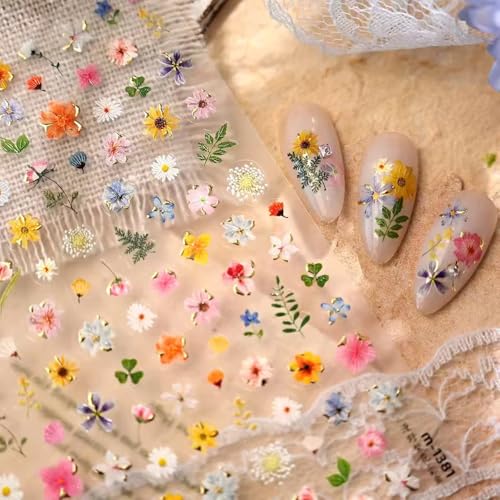 5D Embossed Dried Flower Nail Stickers - Daisy & Cherry Blossom Designs