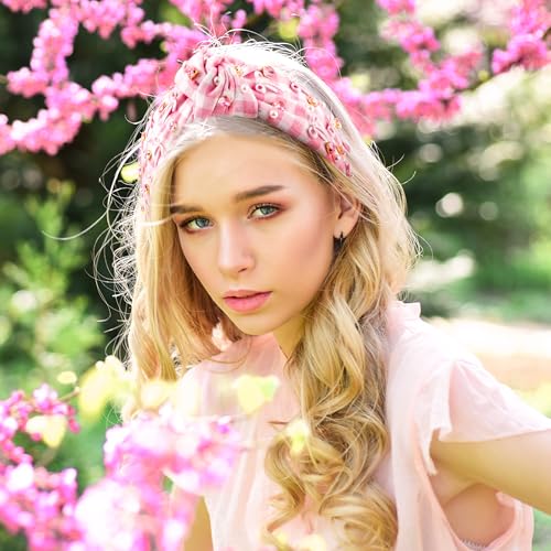 Y1tvei Plaid Bow Checked Headband with Rhinestones & Pearls - Wide Top Knot Fashion Hair Accessory for Women