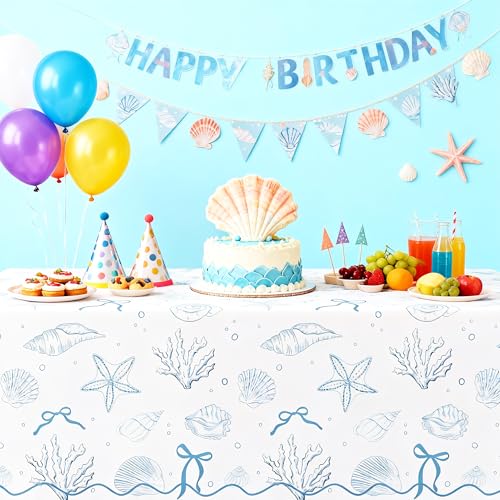 Coastal Seashell Tablecloths - 3 Pack, 55x86in Disposable for Beach Parties