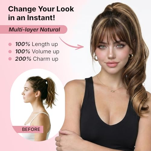 MaopaoBeauty 18-Inch Chocolate Brown with Honey Blonde Highlights Synthetic Clip-In Ponytail Extension for Women, Long Wavy Hairpiece