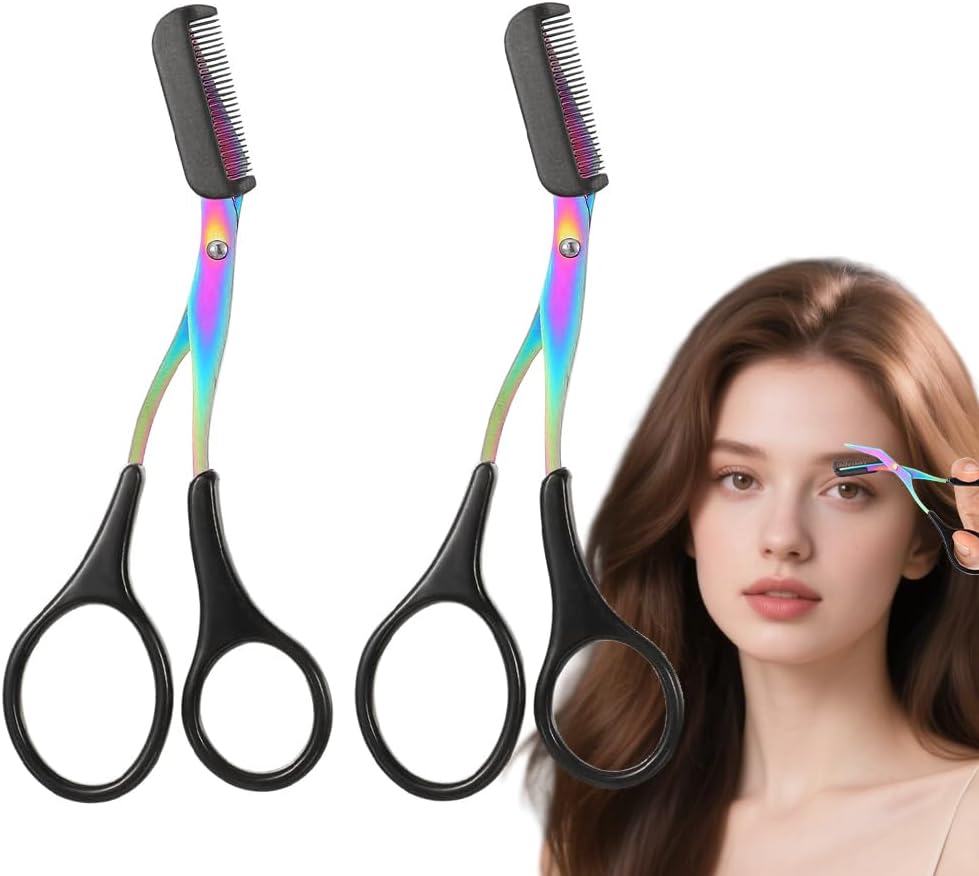 Eyebrow Trimmer Scissors - 2-in-1 Precision Stainless Steel Grooming Tool | Portable Black Eyebrow Cutter for Men & Women