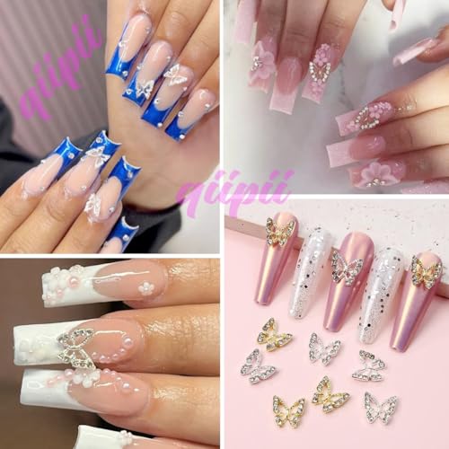 Qiipii 24Pcs Butterfly Nail Charms Bulk 3D Nail Art Gems – Gold & Silver Rhinestones for Acrylic Nails (Mix Rhinestones S)