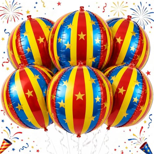 Circus Theme Foil Balloons Set - 6pcs 22 Inch Red, Blue & Yellow