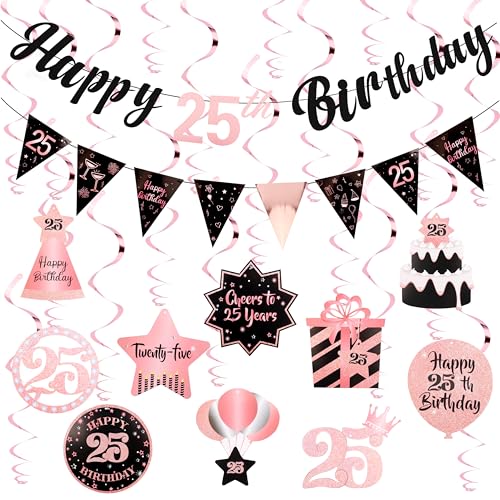 Rose Gold Pink 25th Birthday Decorations Set with Banner & Swirls
