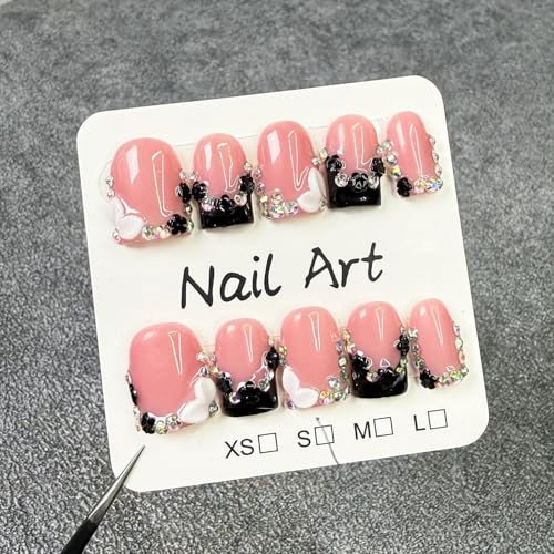 BHOOKA Handmade Square Press-On Nails M - Black French Tip with Rhinestones & Flowers