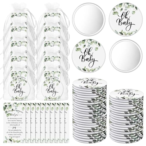 Baby Shower Favors Set with Compact Mirrors & Thank You Cards - Greenery Theme, Bulk 36 Sets - Baby