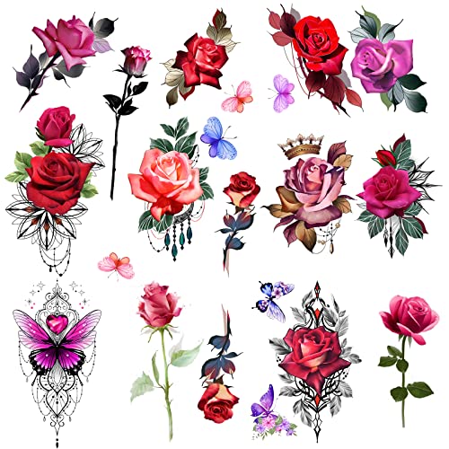 ROARHOWL Stunning rose flower temporary tattoos, large fake tattoos
