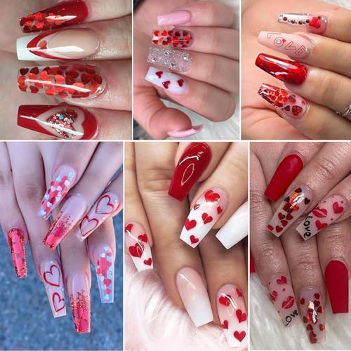 Colorful Valentine's Holographic Nail Art Glitters with Red Heart Charms - 12 Grids