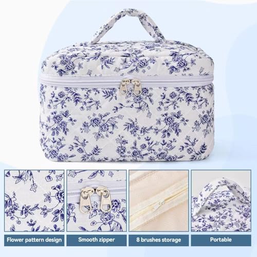 Blue Travel Quilted Makeup Bag with Bow - Cotton Cosmetic Organizer for Women & Girls