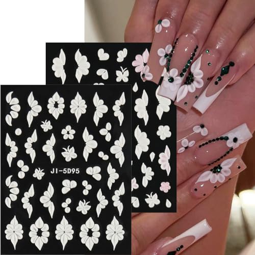 5D White Flower & Butterfly Nail Stickers - Self-Adhesive Decals