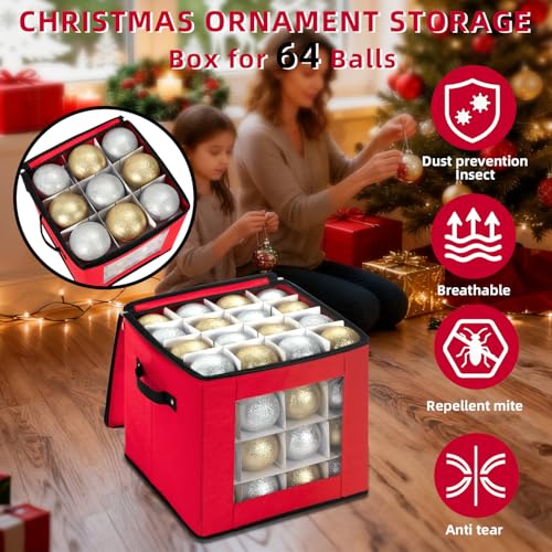 DIMESHY Christmas Ornament Storage Box for 64 Ornaments with Adjustable Dividers