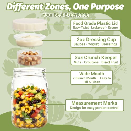32oz Wide-Mouth Glass Salad Jars 2-Pack with Dressing Containers