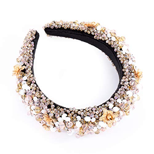 Pink Crystal Beaded Headband for Women - Handmade Velvet Hairband with Gold Flowers