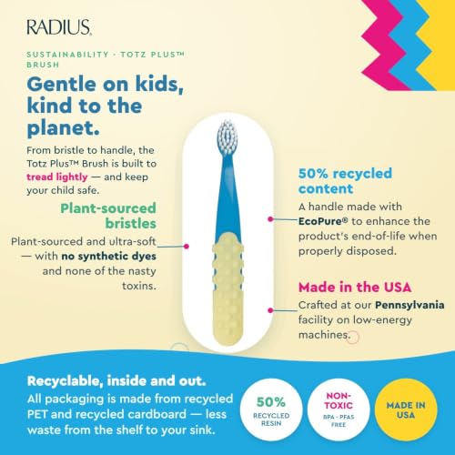 RADIUS Children's Toothbrush Totz Plus Pack of 3 – Extra Soft, BPA-Free, ADA Accepted, Blue/White/Greenyellow