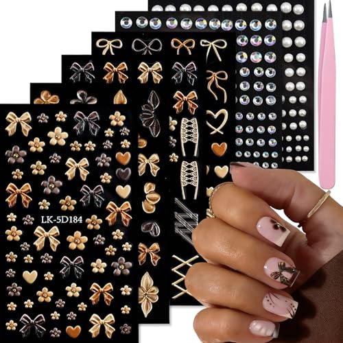Bow Flower 3D Nail Stickers with Pearls & Rhinestones for Nail Art