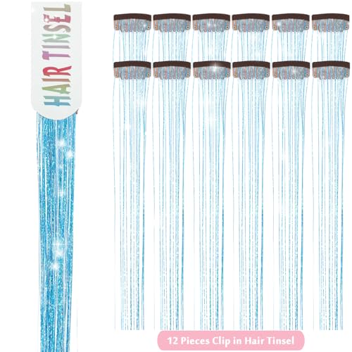 MISSUHUI 12 Pcs Clip-In Hair Tinsel Extensions 23.6 Inch Lake Blue Sparkling Hair Accessories