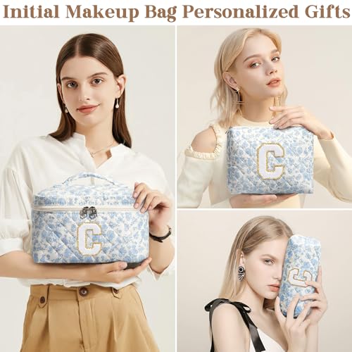 Tiblue Personalized Initial Quilted Makeup Bag Set - 3-Piece Cosmetic Organizer