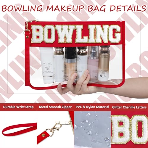 BuyCard 2 Pack Bowling Makeup Bags with Chenille Letter Patch - Red, Waterproof PVC Cosmetic Organizer for Travel & Gifts