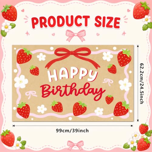Strawberry Birthday Backdrop Banner - 39x24.5 Inch Berry Decor