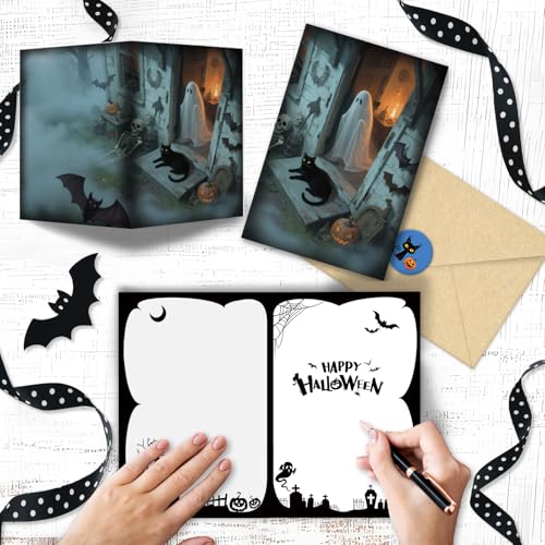 SuperShunhu Halloween Card Set - 24 Blank Note Cards with Cats & Ghosts