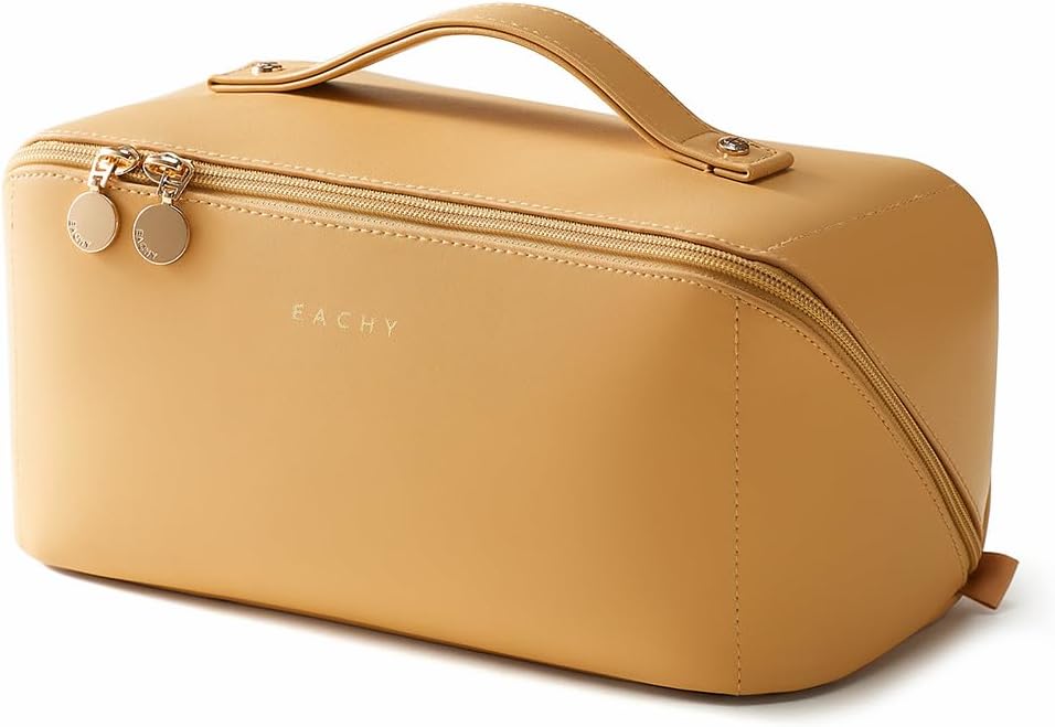 Travel Makeup Bag - Large Capacity Waterproof PU Leather Cosmetic Organizer | Flat Open Design for Skincare & Brushes