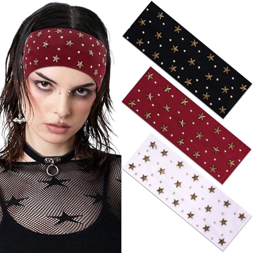 3 Pcs Punk Star Studded Headbands Set - Black, White, Red