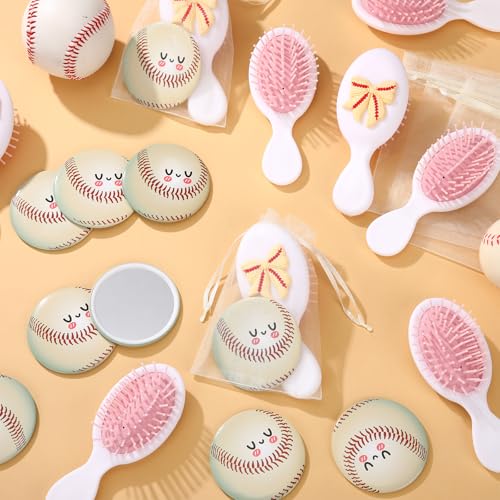 Wonderjune 12 Set Mini Hair Brush & Compact Mirror - Bowtie Baseball