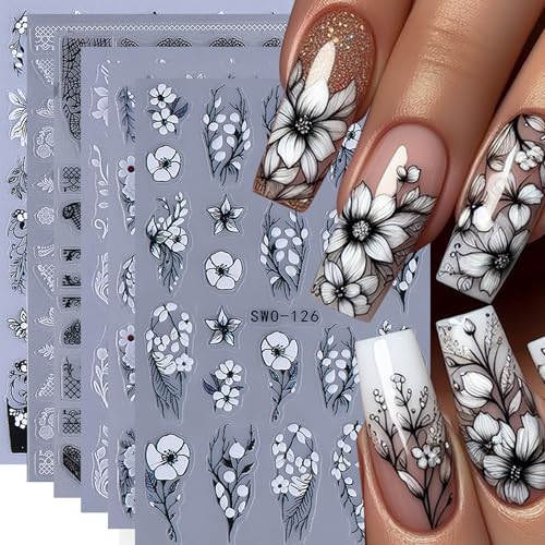 5D Embossed Lace Flower Nail Art Stickers - 6 Sheets, Black & White