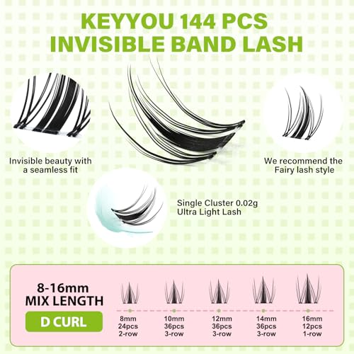 KEYYOU Fairy Lash Clusters 144Pcs D Curl Manga Lash Extension Eyelash Extension Wispy Natural Invisible Band Lash with Waterproof DIY Lash Extension at Home(Fairy-D-8-18MIX)